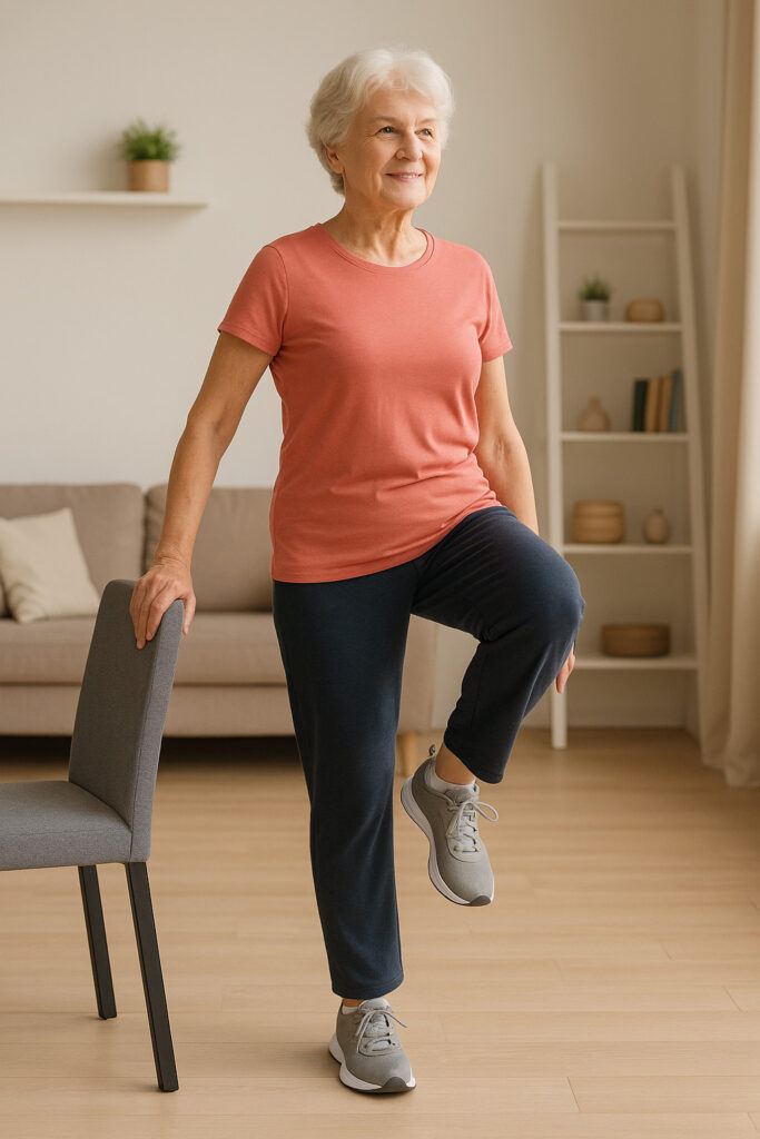 Plano de Exercícios Para Idosos: Corpo Ativo em Todas as Idades em Idosos Ficar em Pé com Um Pé Só (com apoio próximo)