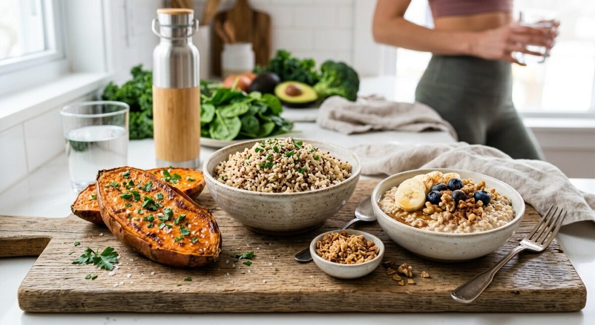 Mitos da Nutrição: A Verdade Sobre os Hidratos de Carbono em Alimentação Batata-doce assada, quinoa e papas de aveia com fruta numa tábua de madeira, rodeadas de vegetais frescos
