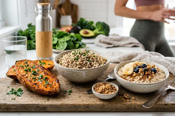 Mitos da Nutrição: A Verdade Sobre os Hidratos de Carbono em Exercícios Batata-doce assada, quinoa e papas de aveia com fruta numa tábua de madeira, rodeadas de vegetais frescos