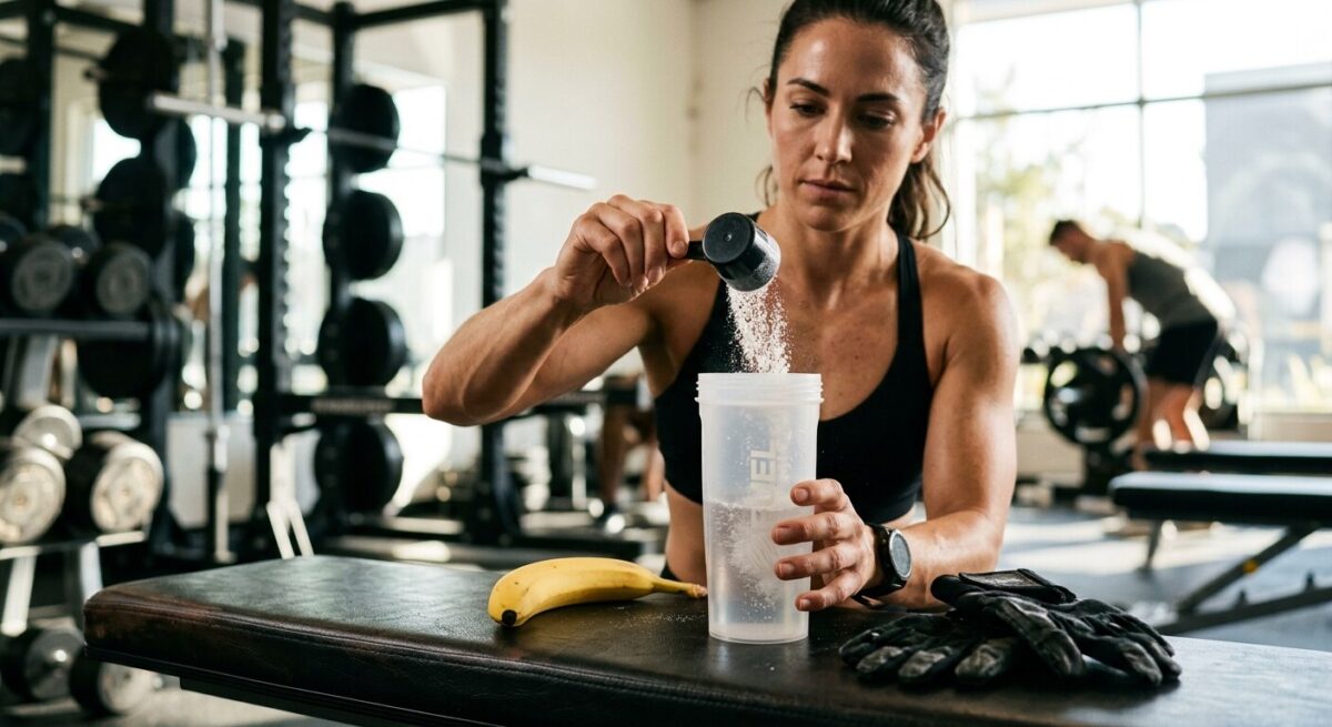 Creatina: Antes ou Depois do Treino? O que Diz a Ciência em Definição muscular Mulher num ginásio a deitar uma colher de proteína em pó num shaker