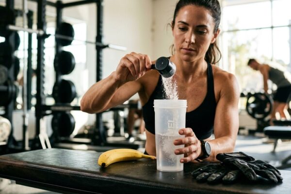 Mulher num ginásio a deitar uma colher de proteína em pó num shaker
