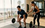 O que Faz um Treinador Pessoal e Porque Vale a Pena o Investimento? em Alimentação Treinadora pessoal orienta um homem a realizar um levantamento de terra num ginásio com vista para a praia